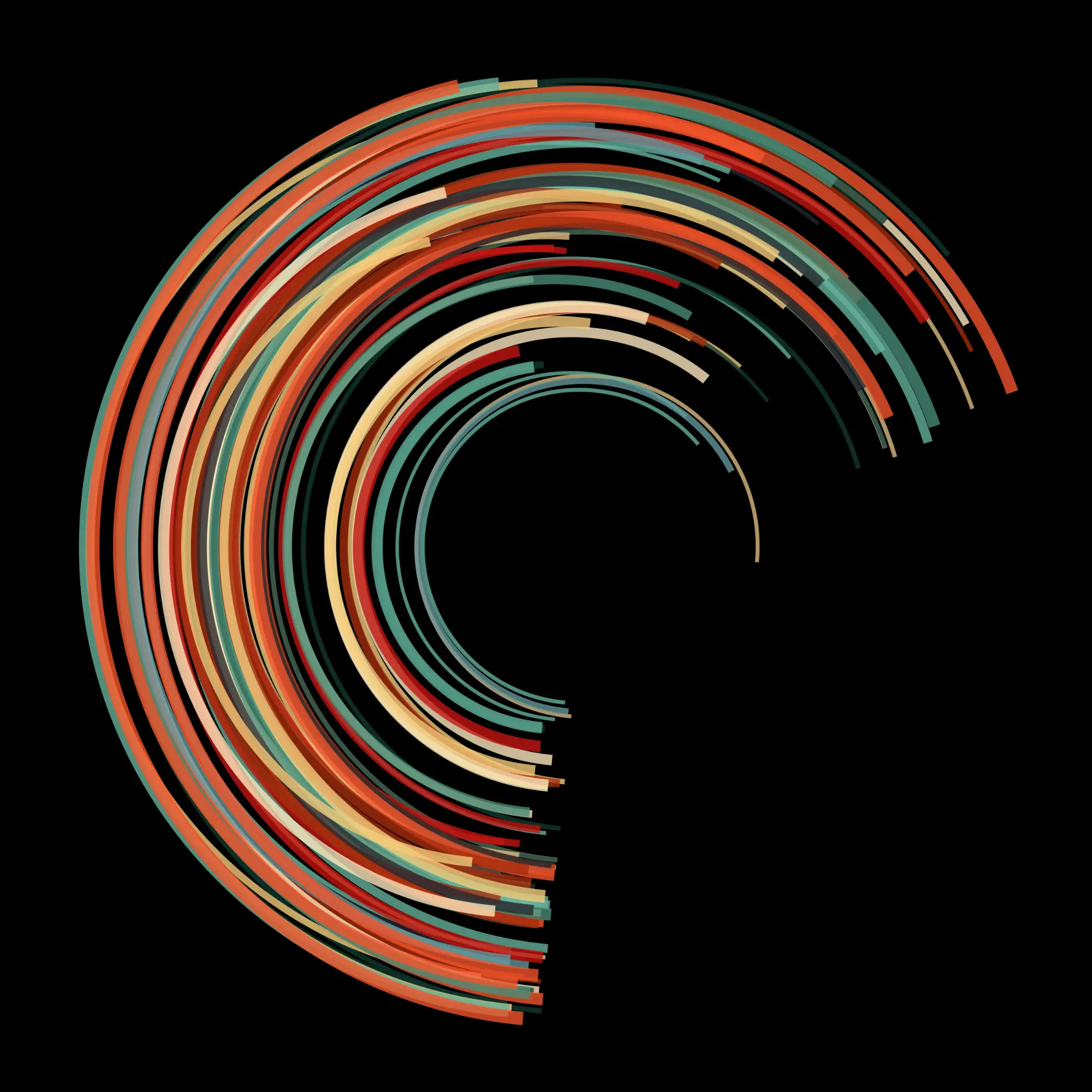 Circular color streak design with rainbow lines on a black background.