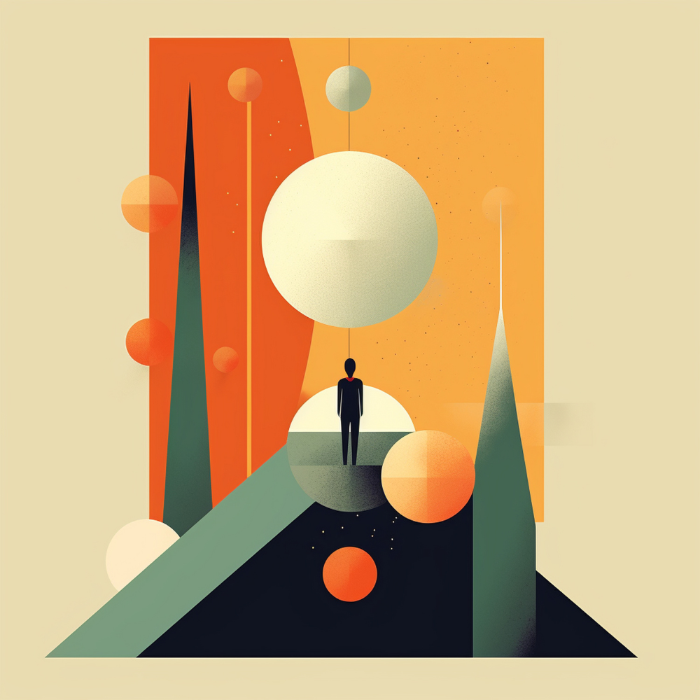Geometric abstract with person and spheres in orange and teal tones.