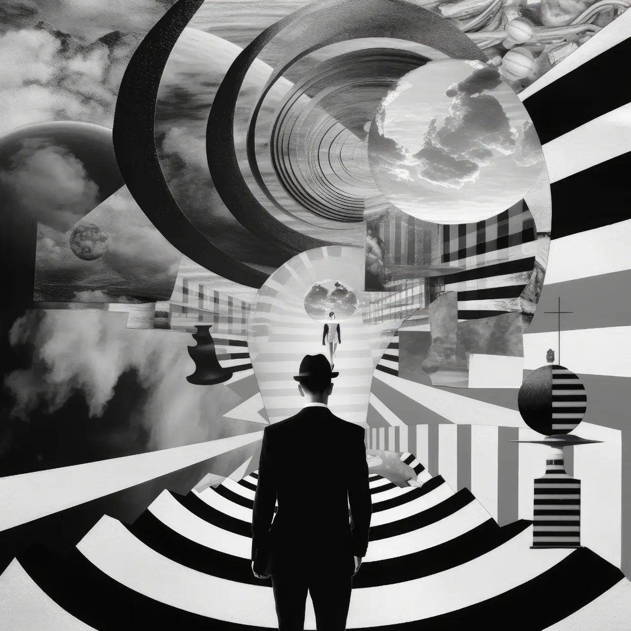 Surreal black-and-white spiral scene with floating figures and a checkerboard floor.