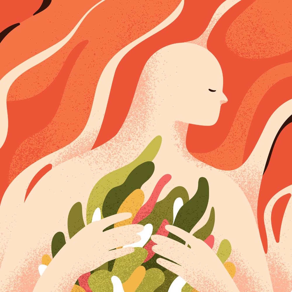 Minimalist female figure holding leaves, in earthy tones.